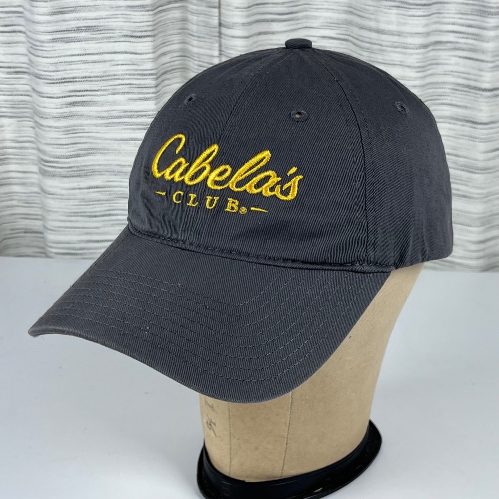 Cabelas Club Hat Mens Gray Yellow Embroidered Logo Adjustable Baseball Cap